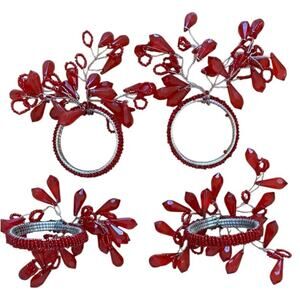 Red Crystal Beaded Napkin Rings decorative burst-like design Holiday Table Lot 4